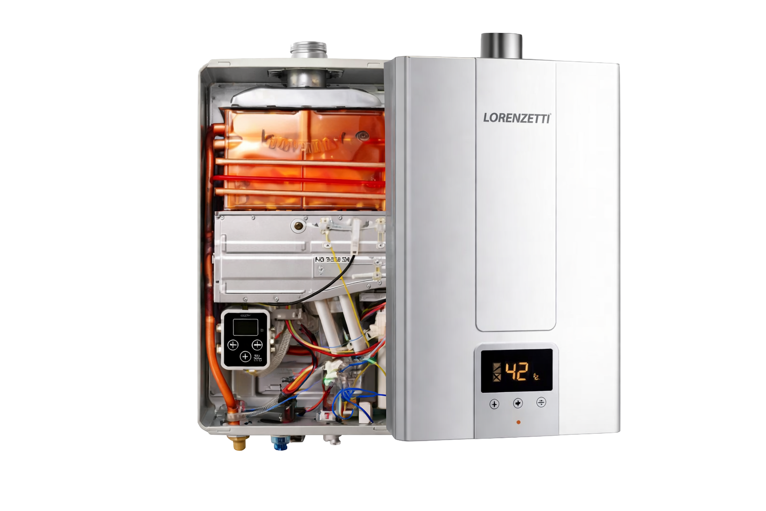 Aquecedor a gás Lorenzetti em vista técnica: painel digital e componentes internos em fundo escuro