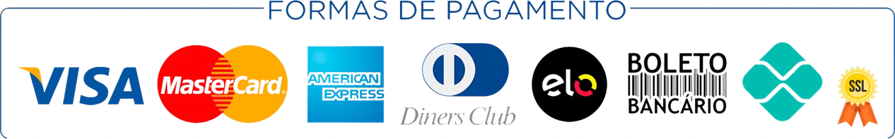 Formas de pagamento: Visa, Mastercard, American Express, Diners Club, Elo, boleto bancário, Pix e selo SSL